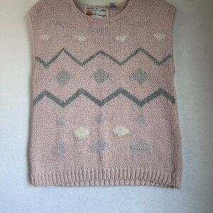 sweater vest women M silk  blend chevron pink pastel hand knit 80's‎ 90's VTG